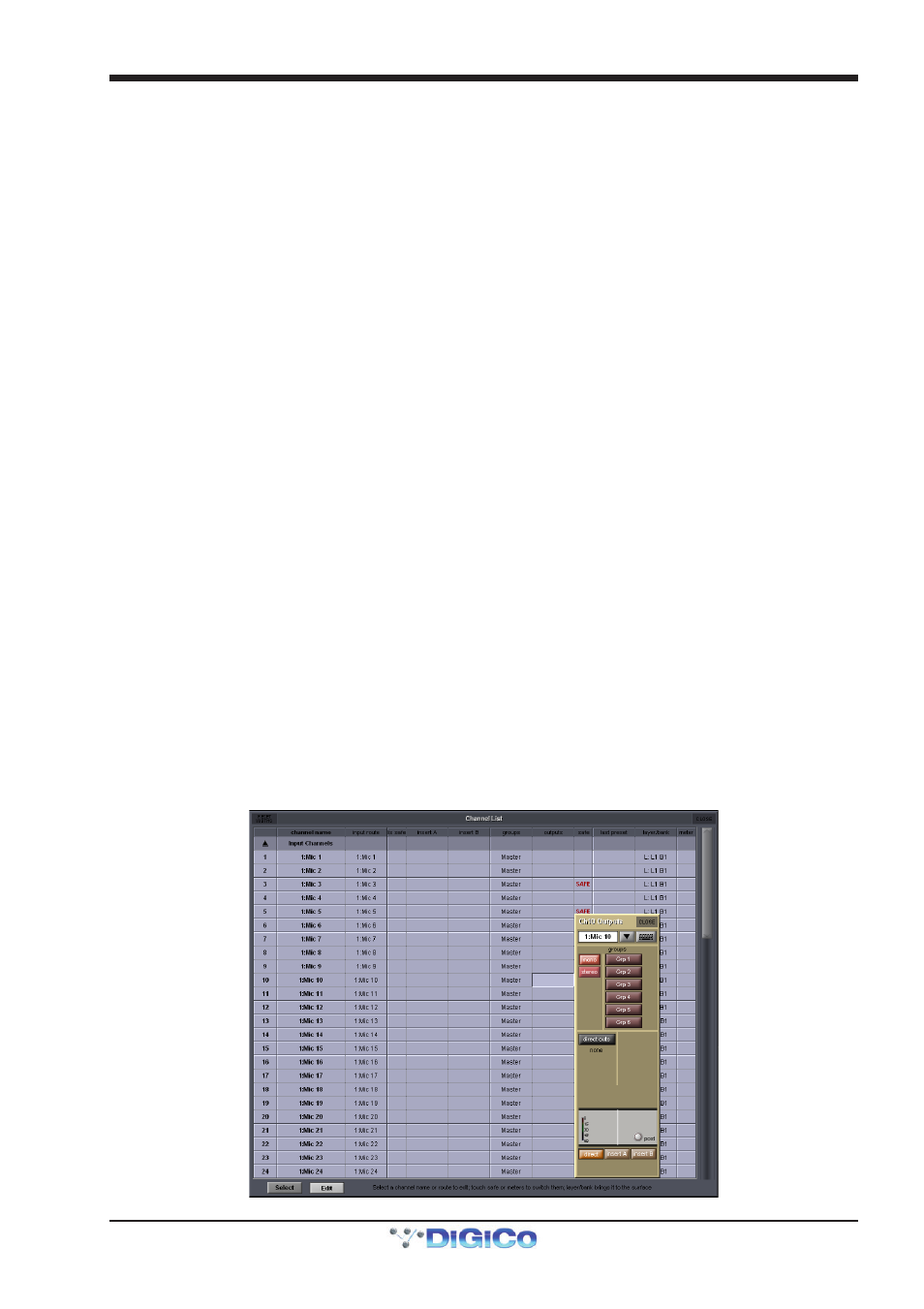 2 channel strip insert areas, 3 console output and insert routing, Cg mute indicator | Channel list, Fx output, Gang, Hard mute, Insert, Insert routing, Mute | DiGiCo SD Series User Manual | Page 16 / 116