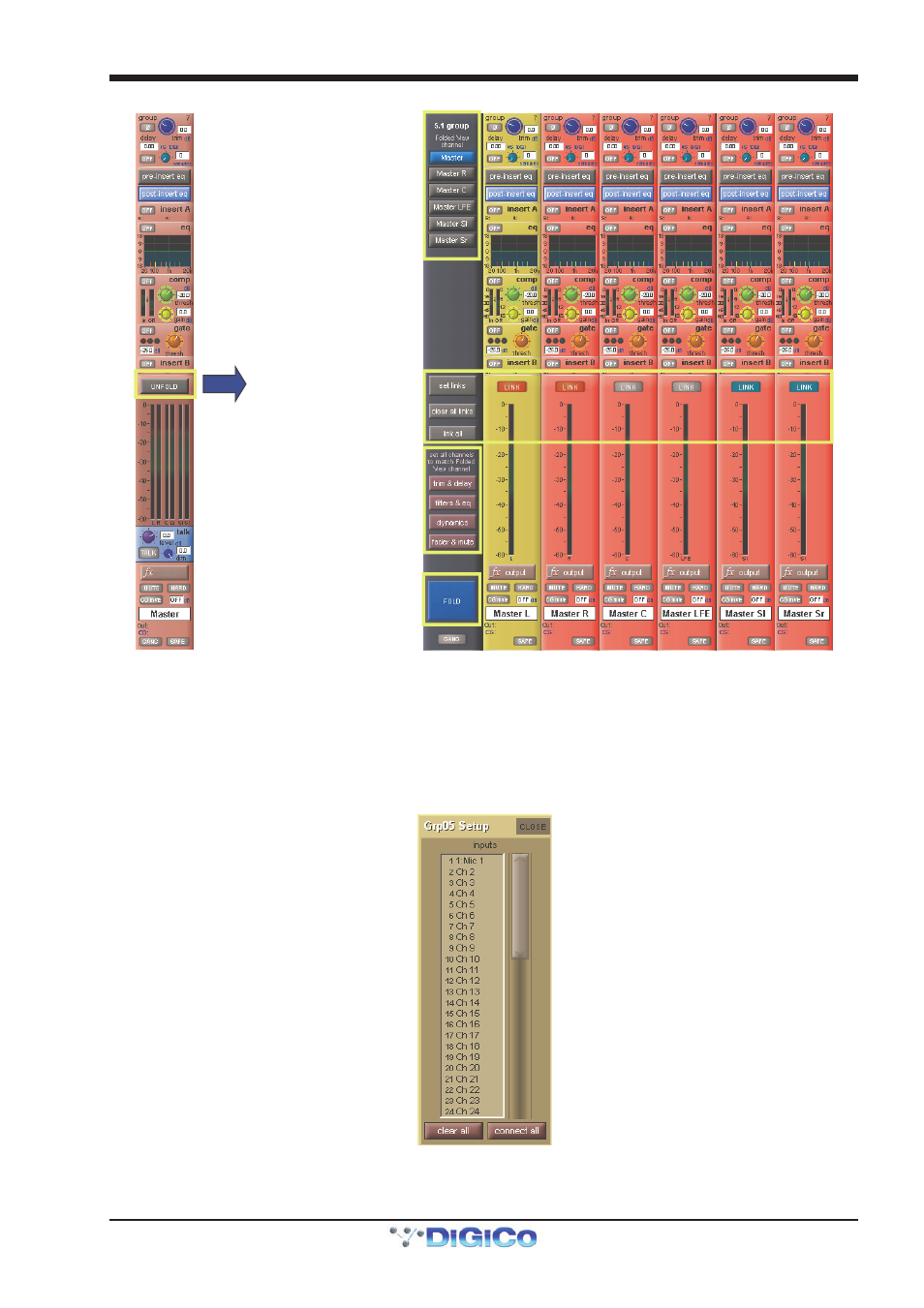 2 group channels specific functions, Clear all, Connect all | 2 group channels specific functions -15, Chapter 1 - channel types | DiGiCo SD Series User Manual | Page 22 / 116
