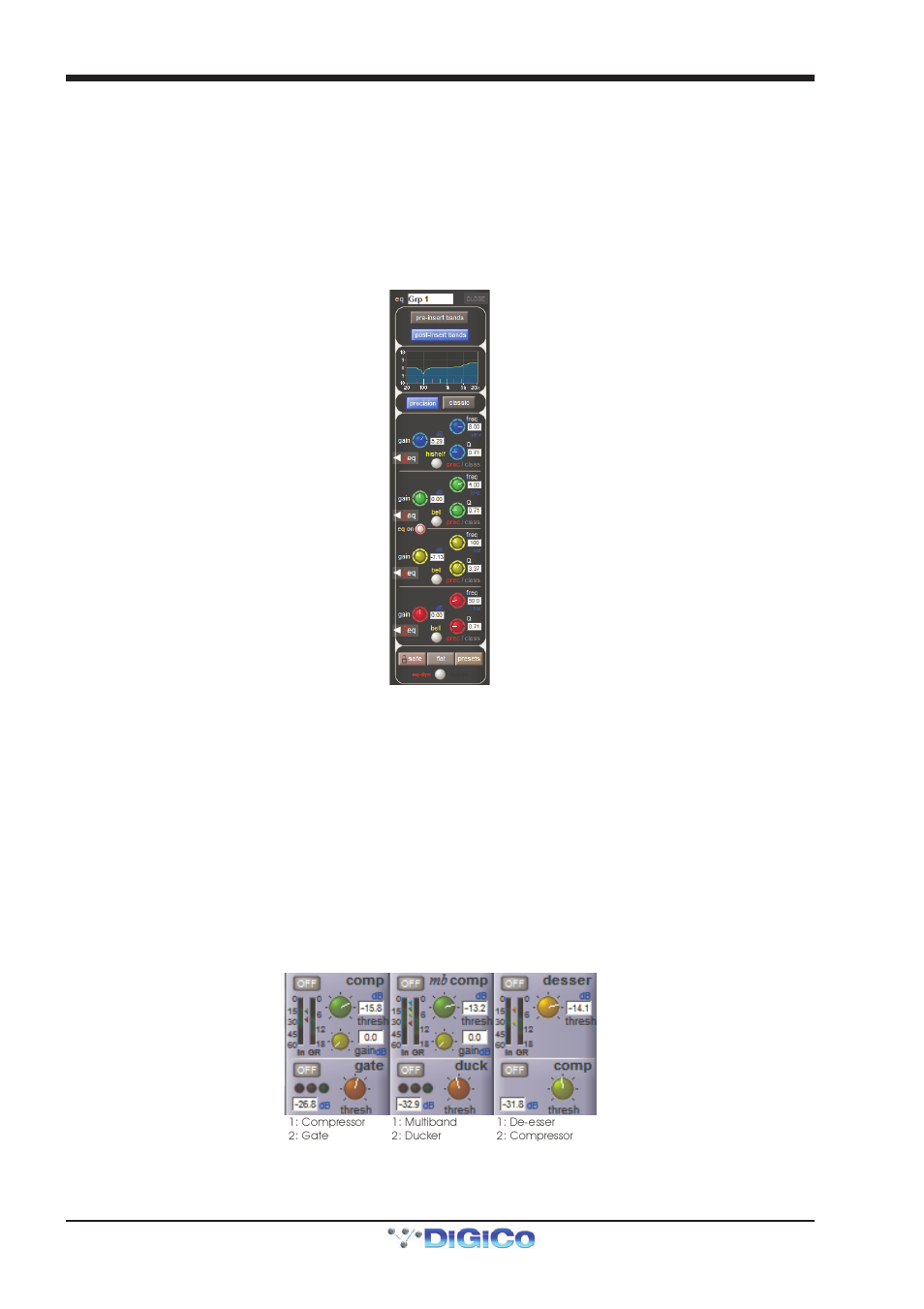 3 output channel eq, 4 channel dynamics, Channel dynamics | Post-insert eq, Pre-insert eq, 3 output channel eq -20, 4 channel dynamics -20, Chapter 1 - channel types | DiGiCo SD Series User Manual | Page 27 / 116