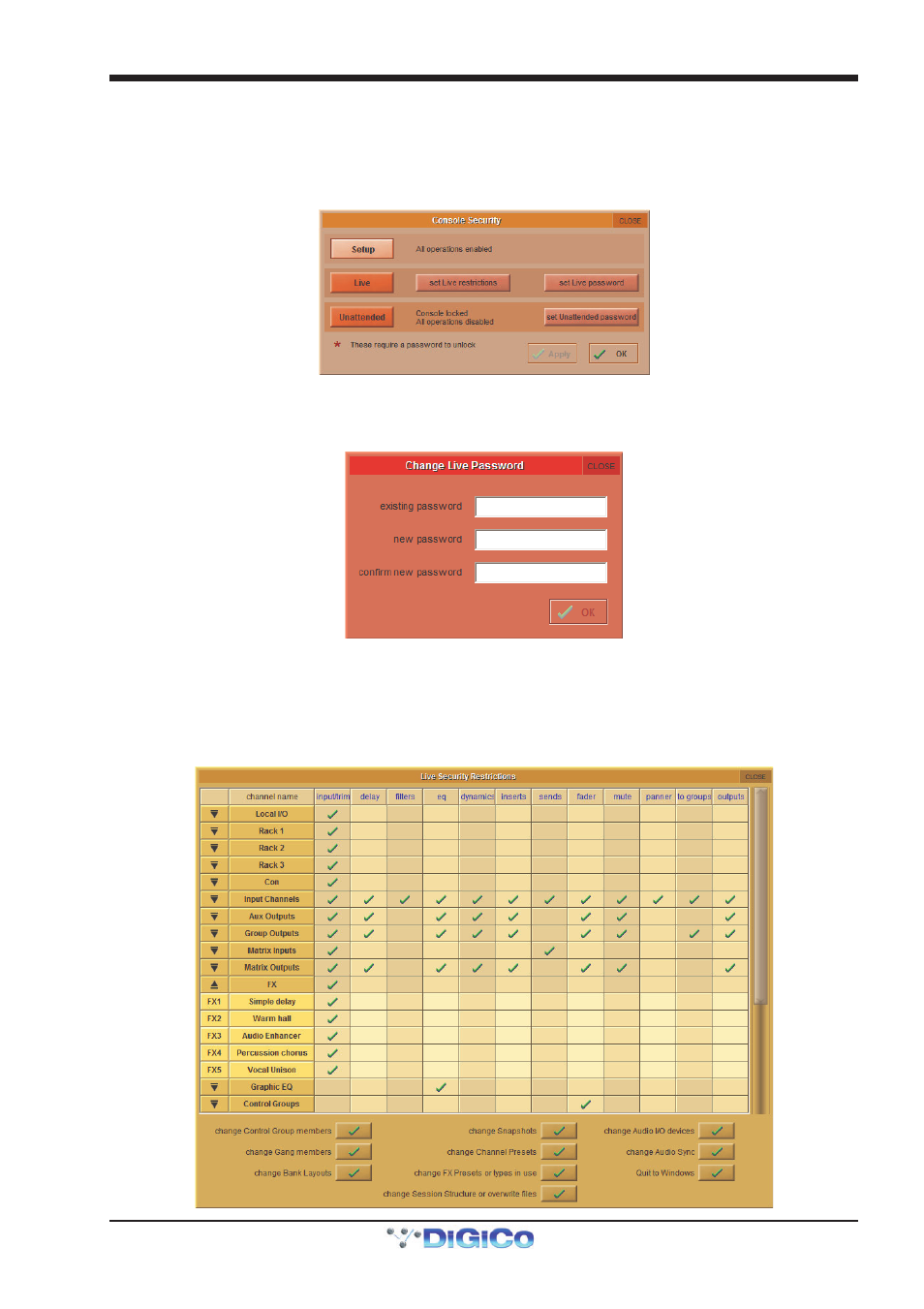 4 security, Console security, Live | Security, Set live restrictions, Unattended, 4 security -3, Chapter 2 - the master screen | DiGiCo SD Series User Manual | Page 37 / 116