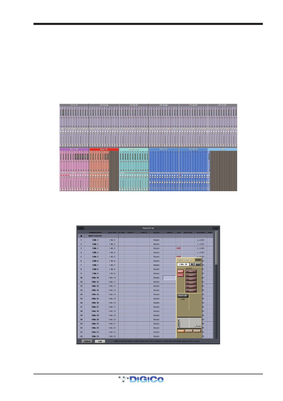 2 the overview display, 3 channel list, Overview display | Select channels, 2 the overview display -13, 3 channel list -13, Chapter 2 - the master screen | DiGiCo SD Series User Manual | Page 47 / 116