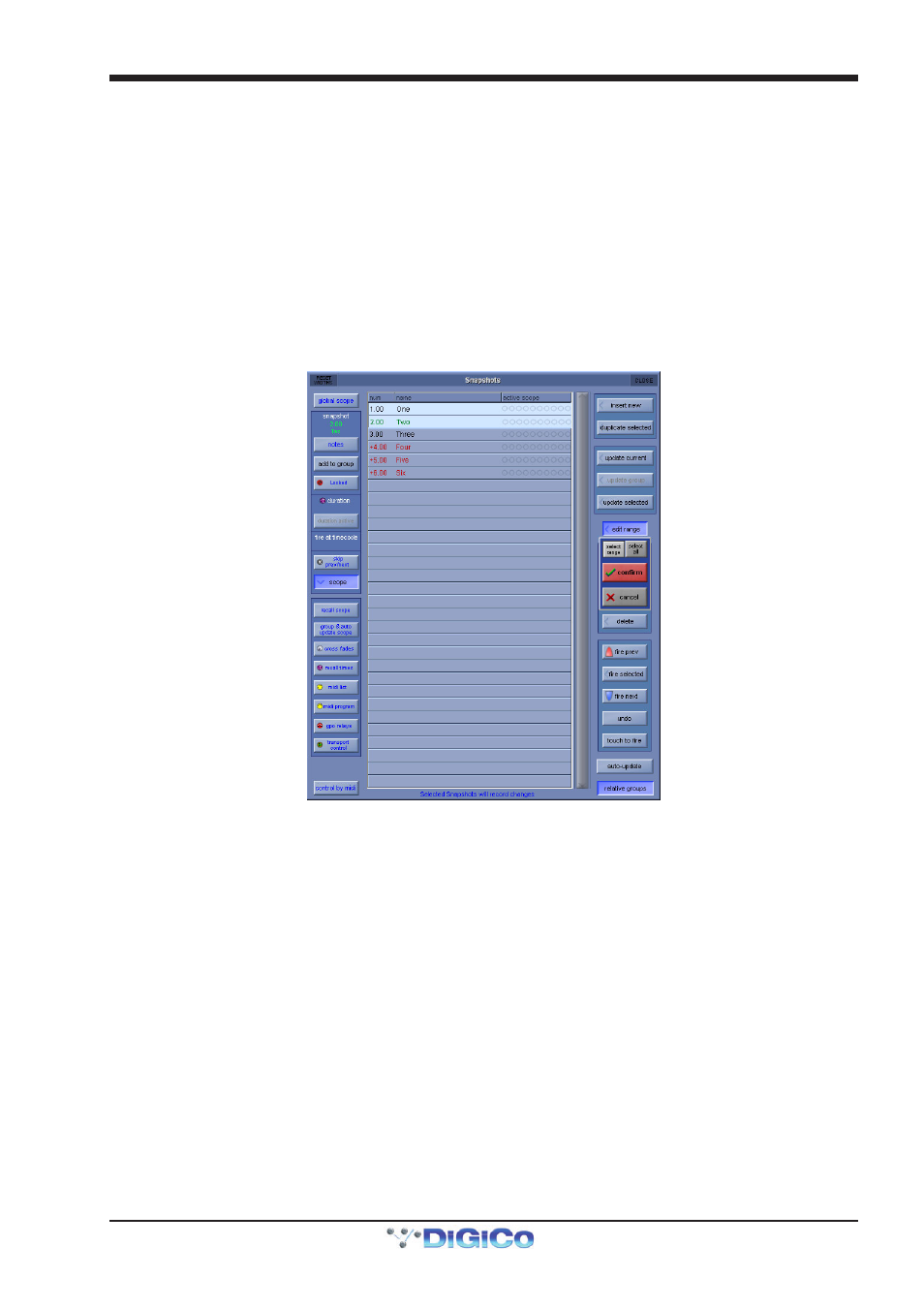 3 replacing a snapshot, 4 editing multiple snapshots, 5 moving a snapshot | 6 renaming a snapshot, Confirm, Edit range, Editing multiple snapshots, Moving a snapshot, Rename, Renaming a snapshot | DiGiCo SD Series User Manual | Page 51 / 116