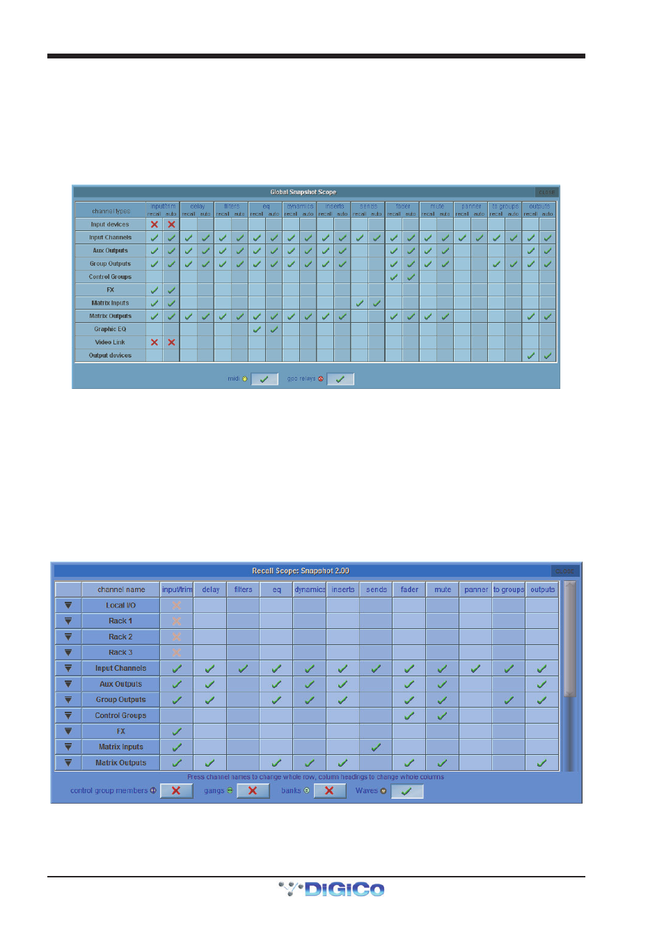 11 global recall scope, 12 individual snapshot recall scope, Recall scope | 11 global recall scope -20, 12 individual snapshot recall scope -20, Chapter 2 - the master screen | DiGiCo SD Series User Manual | Page 54 / 116
