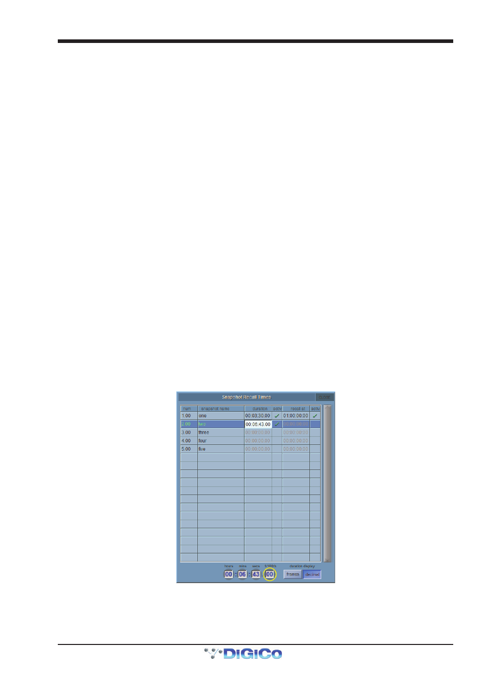 13 snapshot recall times, Active, Duration | Duration active, Recall at, Snapshot recall times, 13 snapshot recall times -21, Chapter 2 - the master screen | DiGiCo SD Series User Manual | Page 55 / 116