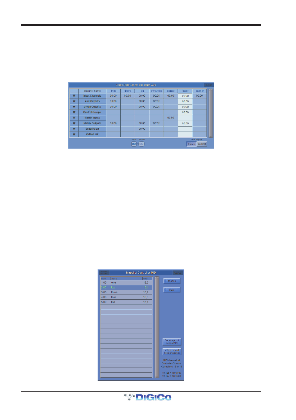 14 snapshot crossfades, 15 snapshots and midi, Fire snapshot sends midi | Midi list, Midi received fires snapshots, Snapshot control by midi, Snapshot crossfades, Snapshots and midi, 14 snapshot crossfades -22, 15 snapshots and midi -22 | DiGiCo SD Series User Manual | Page 56 / 116