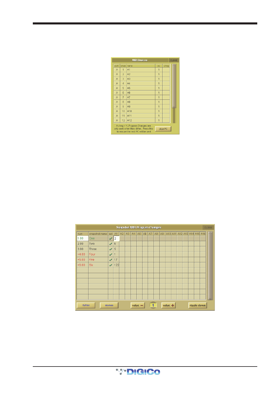 16 midi devices, 17 midi program and midi list, Clear pc | Midi devices, Midi program, 16 midi devices -23, 17 midi program and midi list -23, Chapter 2 - the master screen | DiGiCo SD Series User Manual | Page 57 / 116