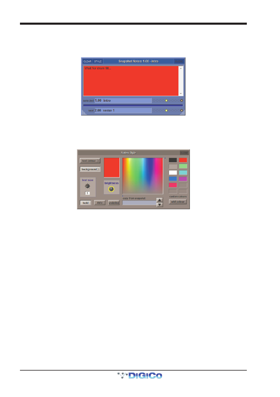 22 snapshot notes, 23 snapshot locked, Notes style | Snapshot locked, Snapshot notes, 22 snapshot notes -26, 23 snapshot locked -26, Chapter 2 - the master screen | DiGiCo SD Series User Manual | Page 60 / 116