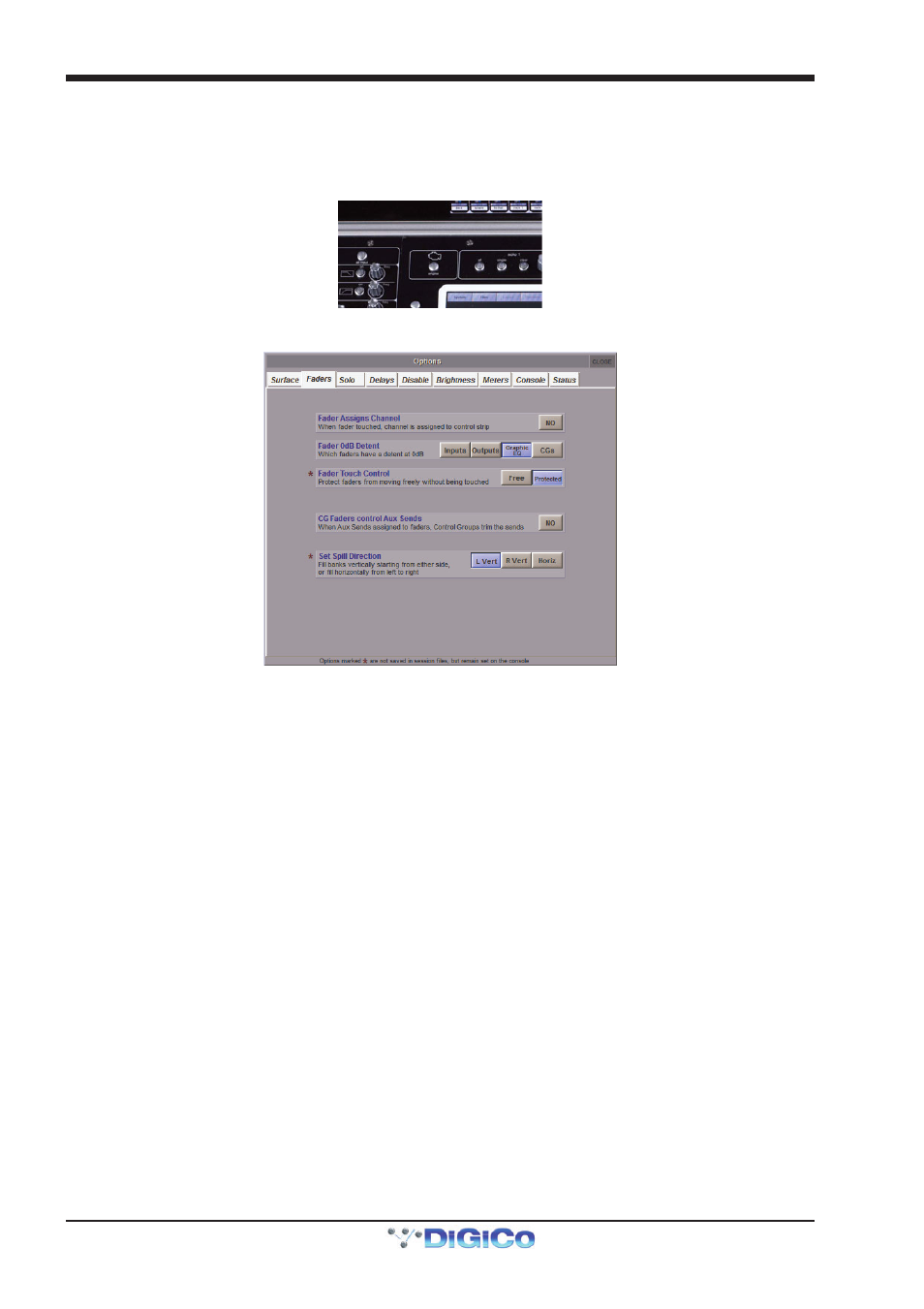 2 faders, Cg faders control aux sends, Engine a/b switches audio | Fader 0db detent, Fader assigns channel, Fader touch control, Free, Protected, Set spill direction, 2 faders -28 | DiGiCo SD Series User Manual | Page 62 / 116