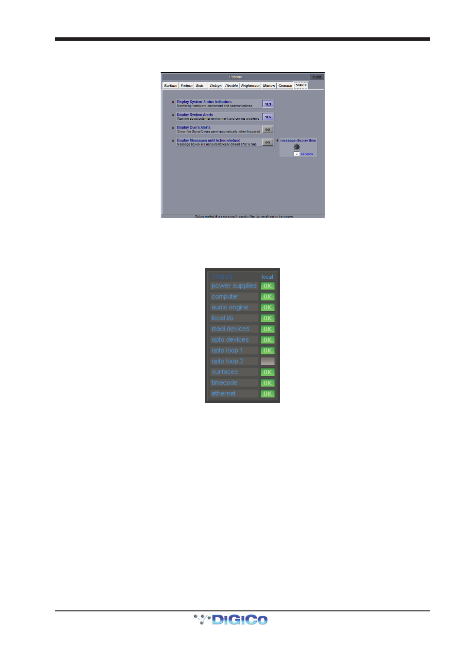 9 status, Display system alerts, Display system status indicators | Status, 9 status -33, Chapter 2 - the master screen | DiGiCo SD Series User Manual | Page 67 / 116