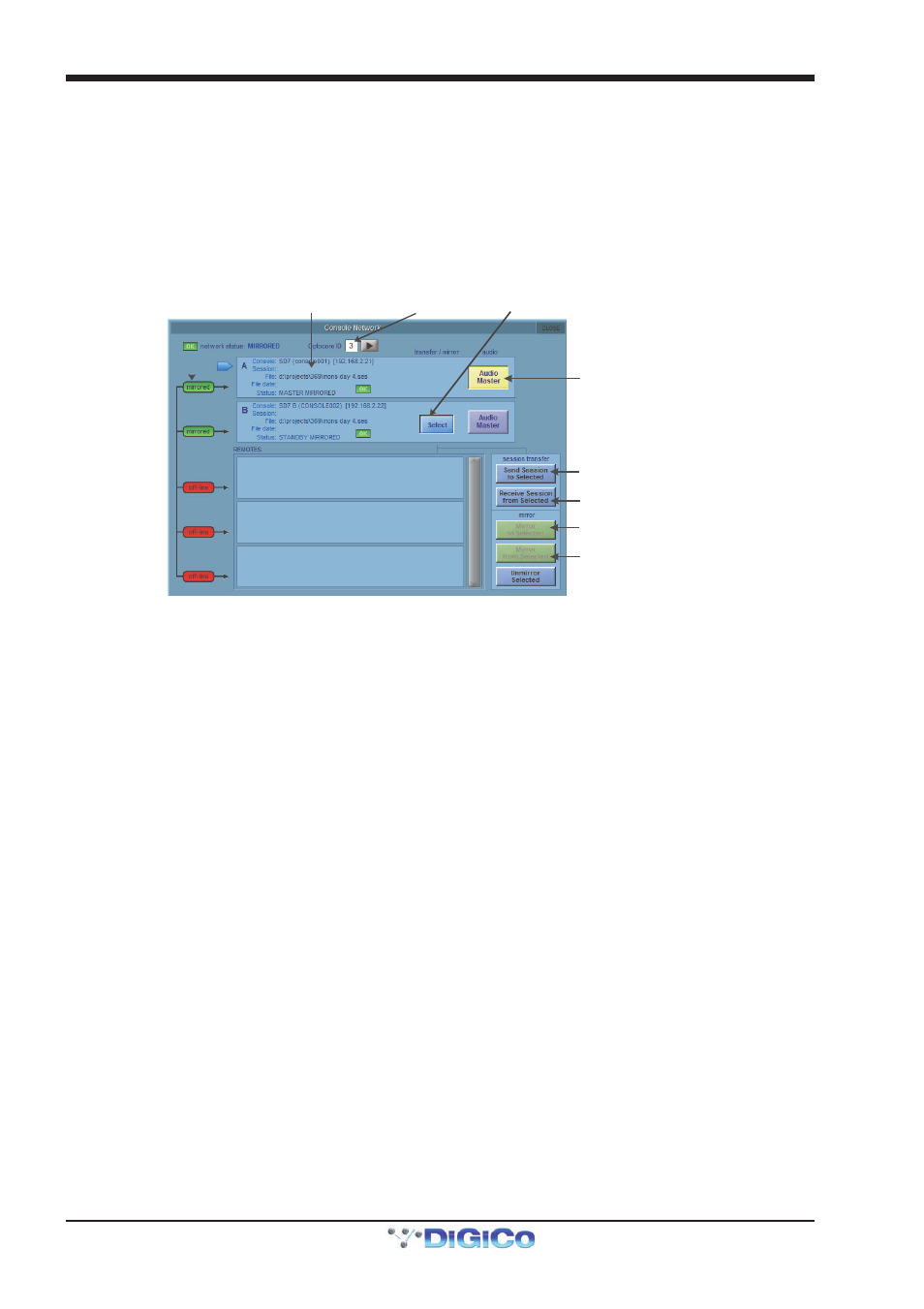 11 network and mirroring, 1 network configuration, 2 mirroring for the first time | Enable console network, Mirror from selected, Mirror to selected, Mirroring, Network, Network configuration, Receive session from selected | DiGiCo SD Series User Manual | Page 78 / 116