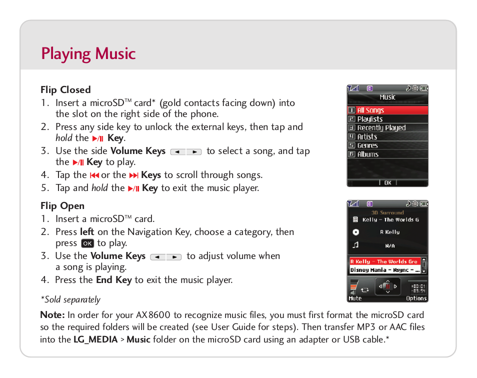 Playing music | LG AX 8600 User Manual | Page 3 / 8