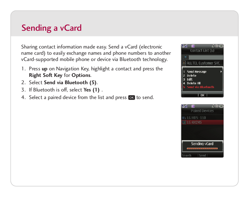 Sending a vcard | LG AX 8600 User Manual | Page 5 / 8