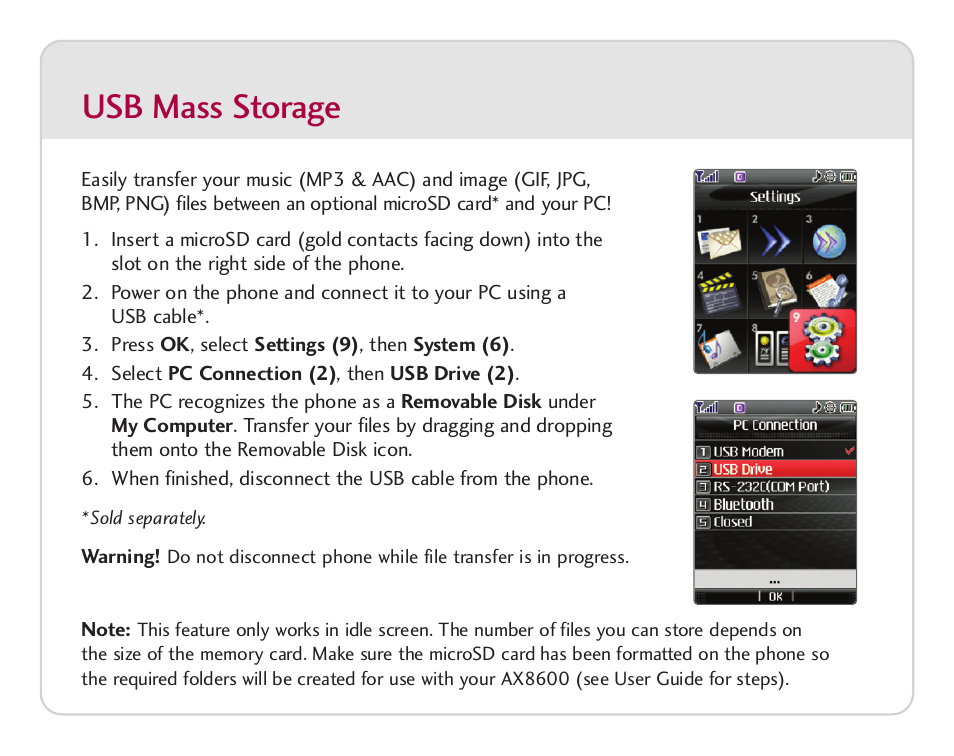 Usb mass storage | LG AX 8600 User Manual | Page 7 / 8