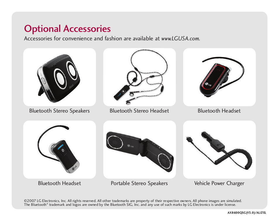 Optional accessories | LG AX 8600 User Manual | Page 8 / 8