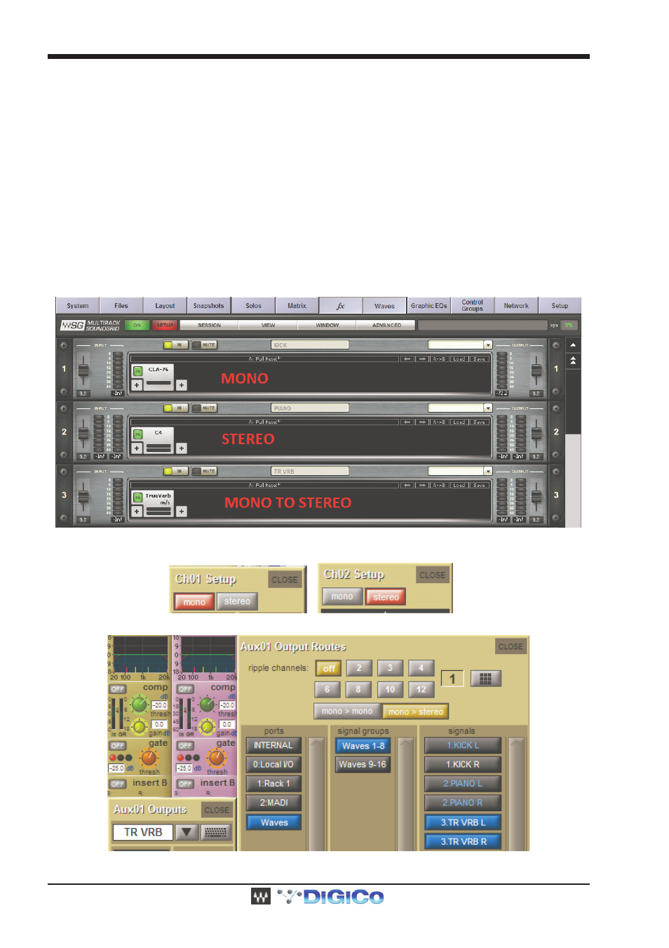 4 rack types: stereo, mono, mono to stereo, 4 rack types: stereo, mono, mono to stereo -14, Digico waves operation | DiGiCo Waves MultiRack SoundGrid User Manual | Page 14 / 36