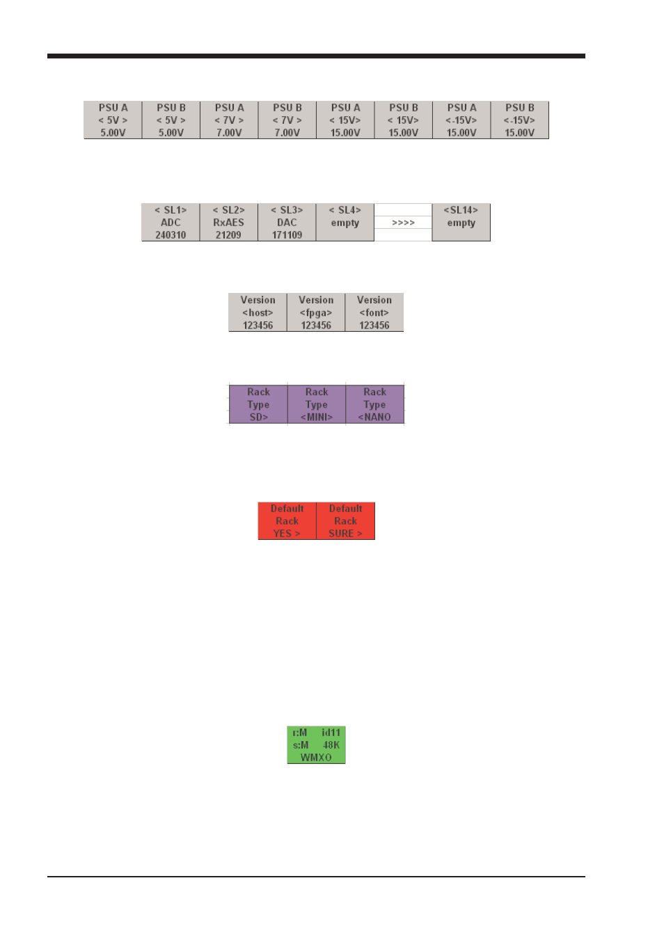 1 psu readings, 2 i/o card code versions, 3 madi card code versions | 4 rack type, 5 rack defaults, 6 main display, 2 i/o card code versions -10, 3 madi card code versions -10, 4 rack type -10, 5 rack defaults -10 | DiGiCo SD Rack User Manual | Page 10 / 13