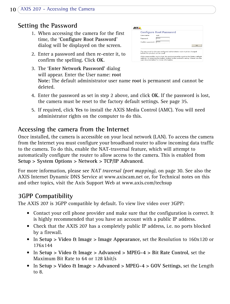 Setting the password, Accessing the camera from the internet, 3gpp compatibility | Axis Communications 207 User Manual | Page 10 / 54