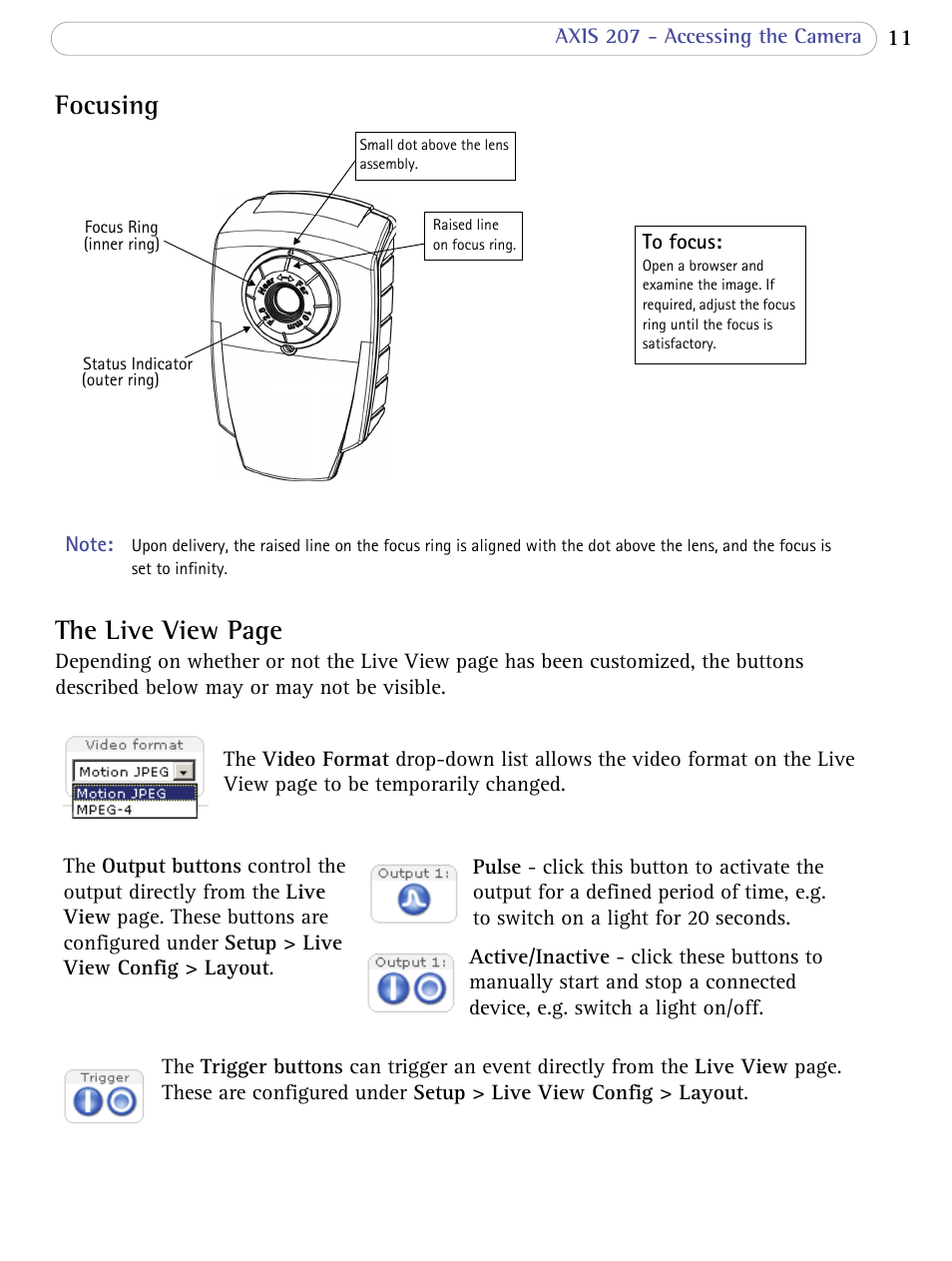 Focusing, The live view page | Axis Communications 207 User Manual | Page 11 / 54