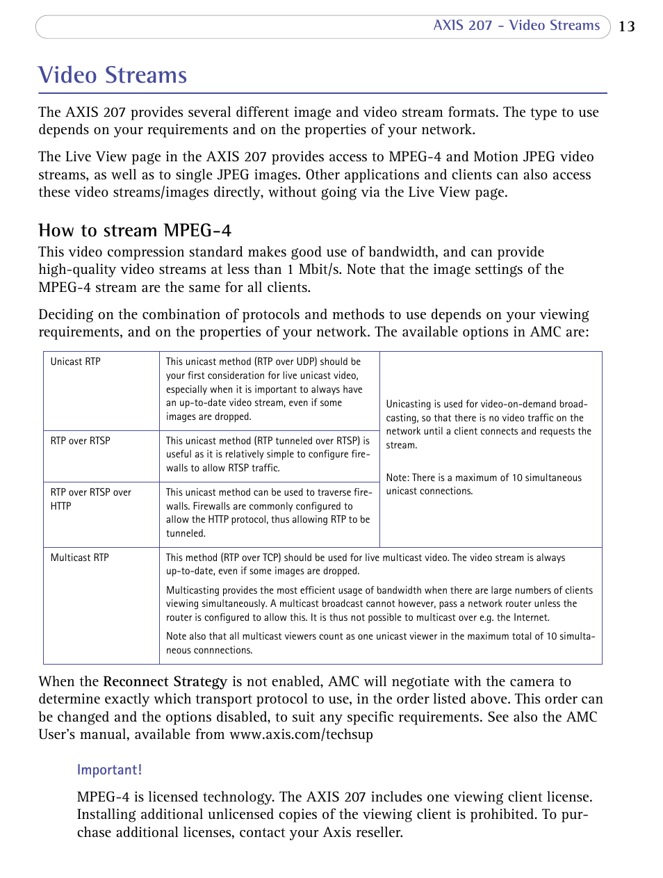 Video streams, How to stream mpeg-4 | Axis Communications 207 User Manual | Page 13 / 54