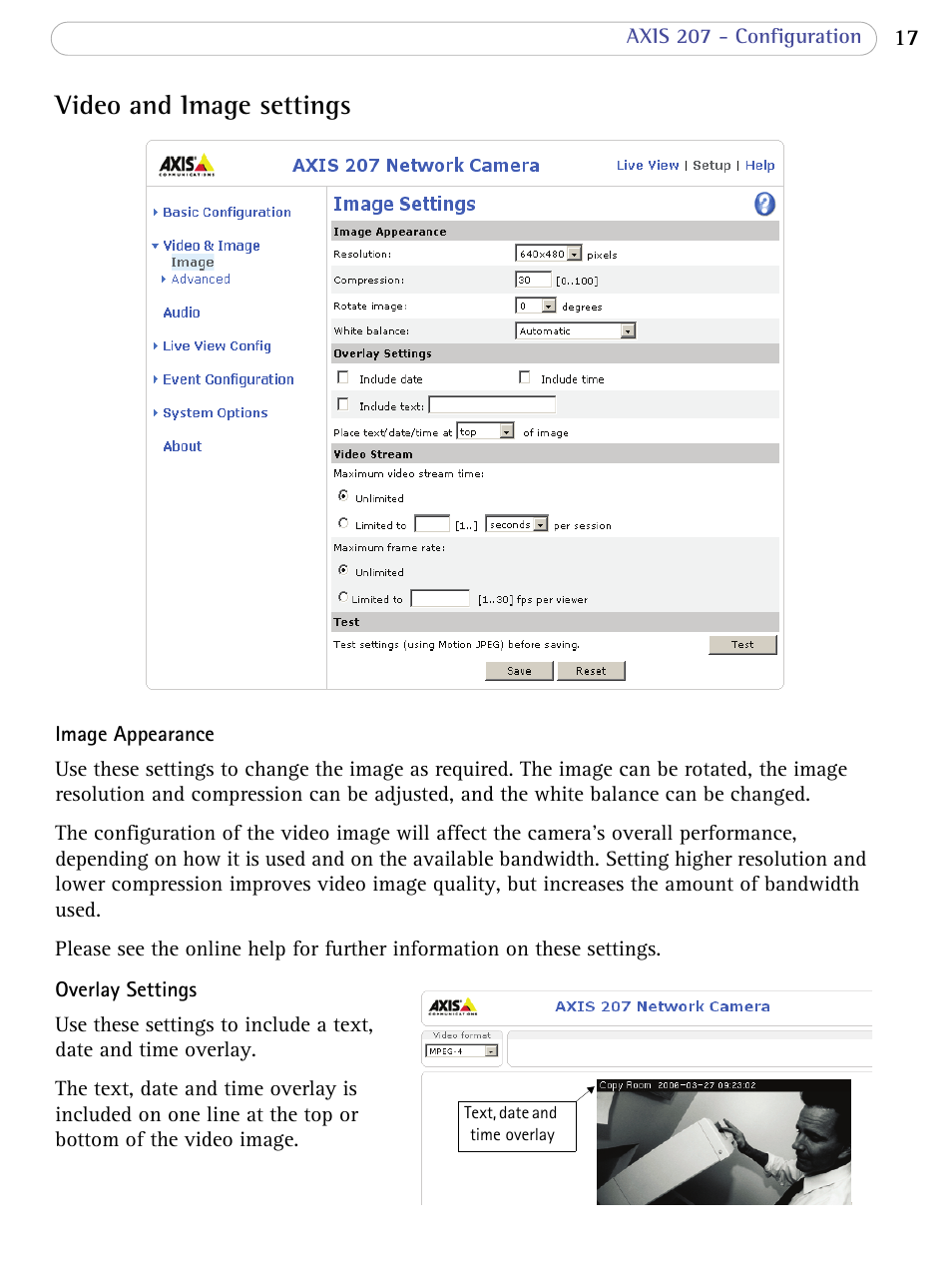 Video and image settings | Axis Communications 207 User Manual | Page 17 / 54