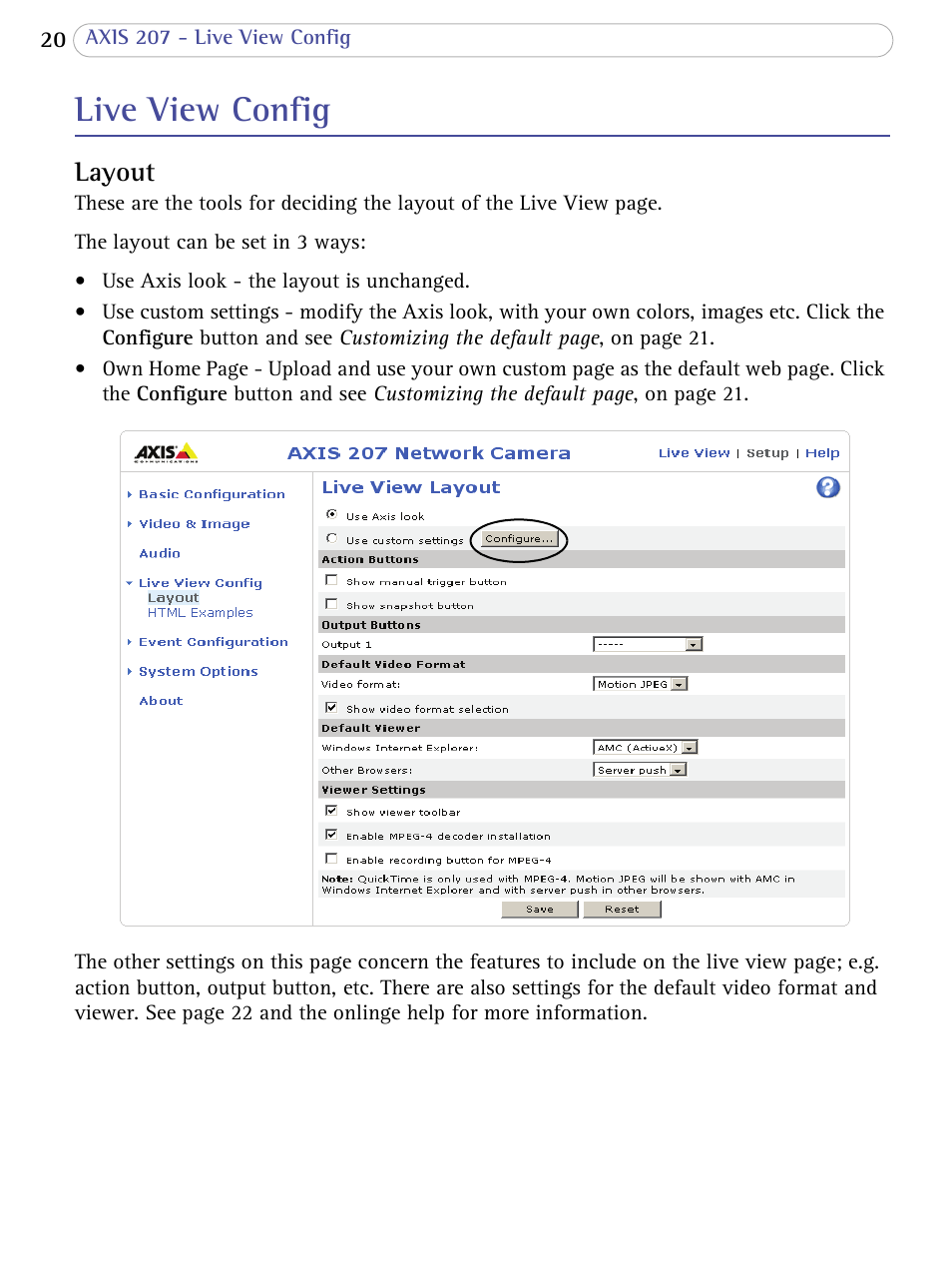 Live view config, Layout | Axis Communications 207 User Manual | Page 20 / 54
