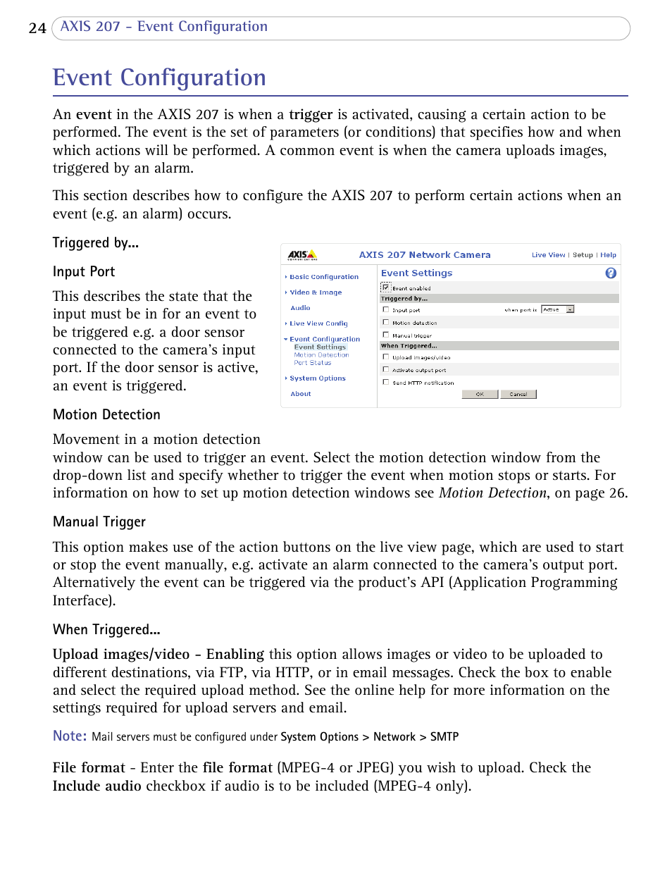 Event configuration | Axis Communications 207 User Manual | Page 24 / 54