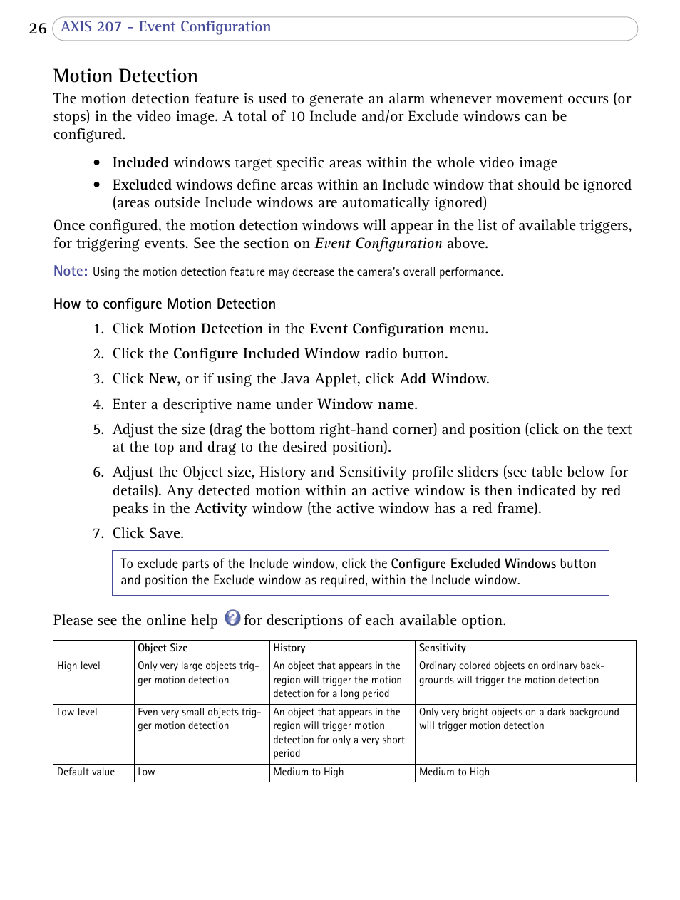 Motion detection | Axis Communications 207 User Manual | Page 26 / 54