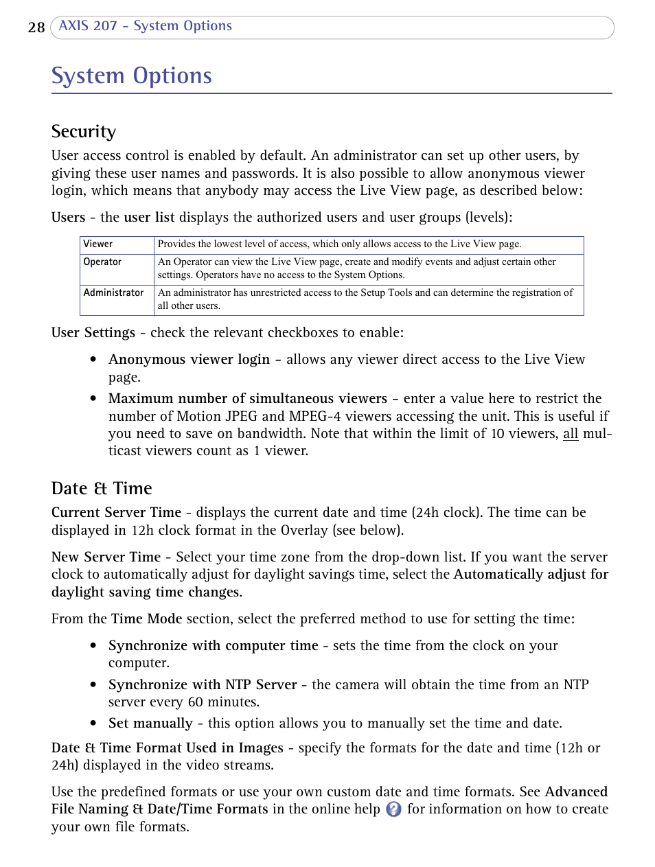 System options, Security, Date & time | Security date & time | Axis Communications 207 User Manual | Page 28 / 54