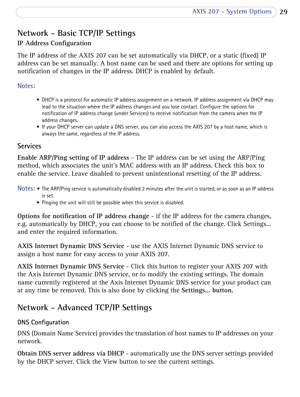 Network - basic tcp/ip settings, Network - advanced tcp/ip settings | Axis Communications 207 User Manual | Page 29 / 54