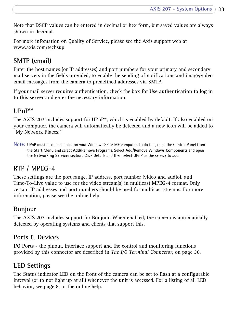 Smtp (email), Upnp, Rtp / mpeg-4 | Bonjour, Ports & devices, Led settings | Axis Communications 207 User Manual | Page 33 / 54