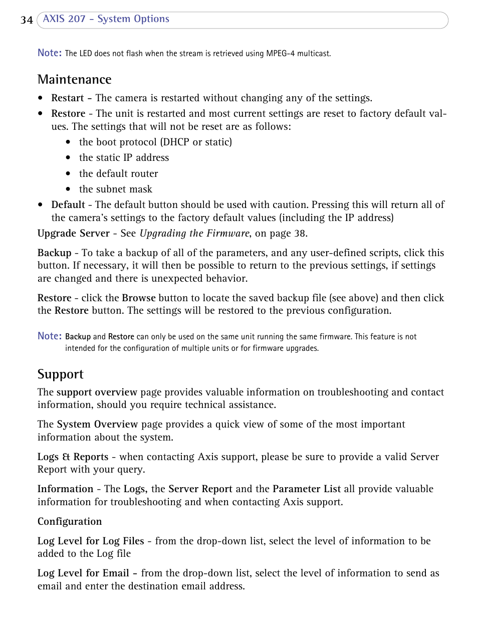 Maintenance, Support, Maintenance support | Axis Communications 207 User Manual | Page 34 / 54