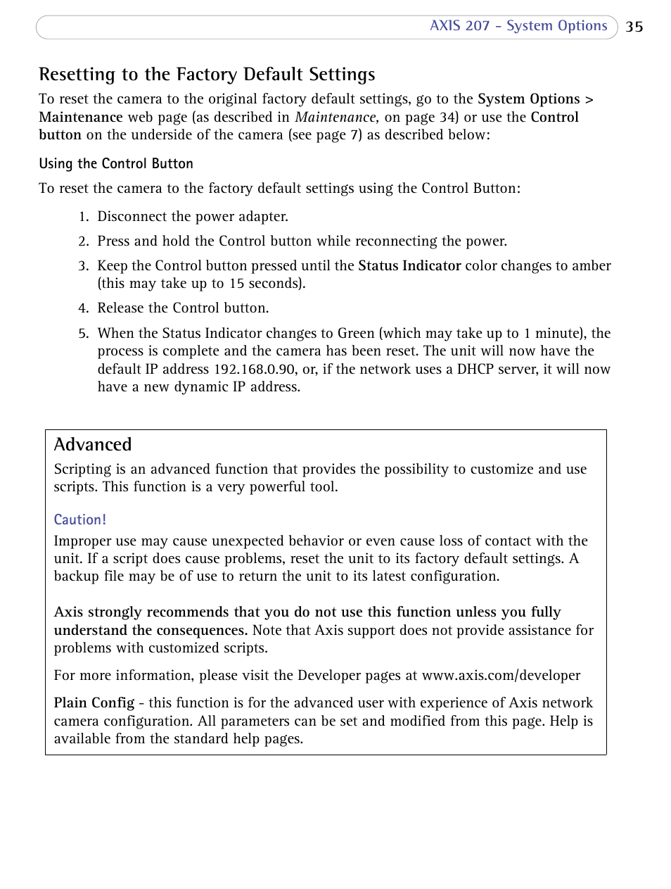 Resetting to the factory default settings, Advanced | Axis Communications 207 User Manual | Page 35 / 54