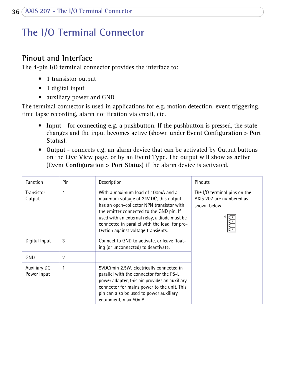 The i/o terminal connector, Pinout and interface | Axis Communications 207 User Manual | Page 36 / 54