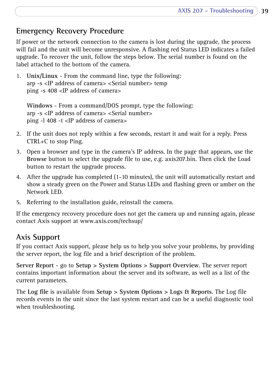 Emergency recovery procedure, Axis support | Axis Communications 207 User Manual | Page 39 / 54
