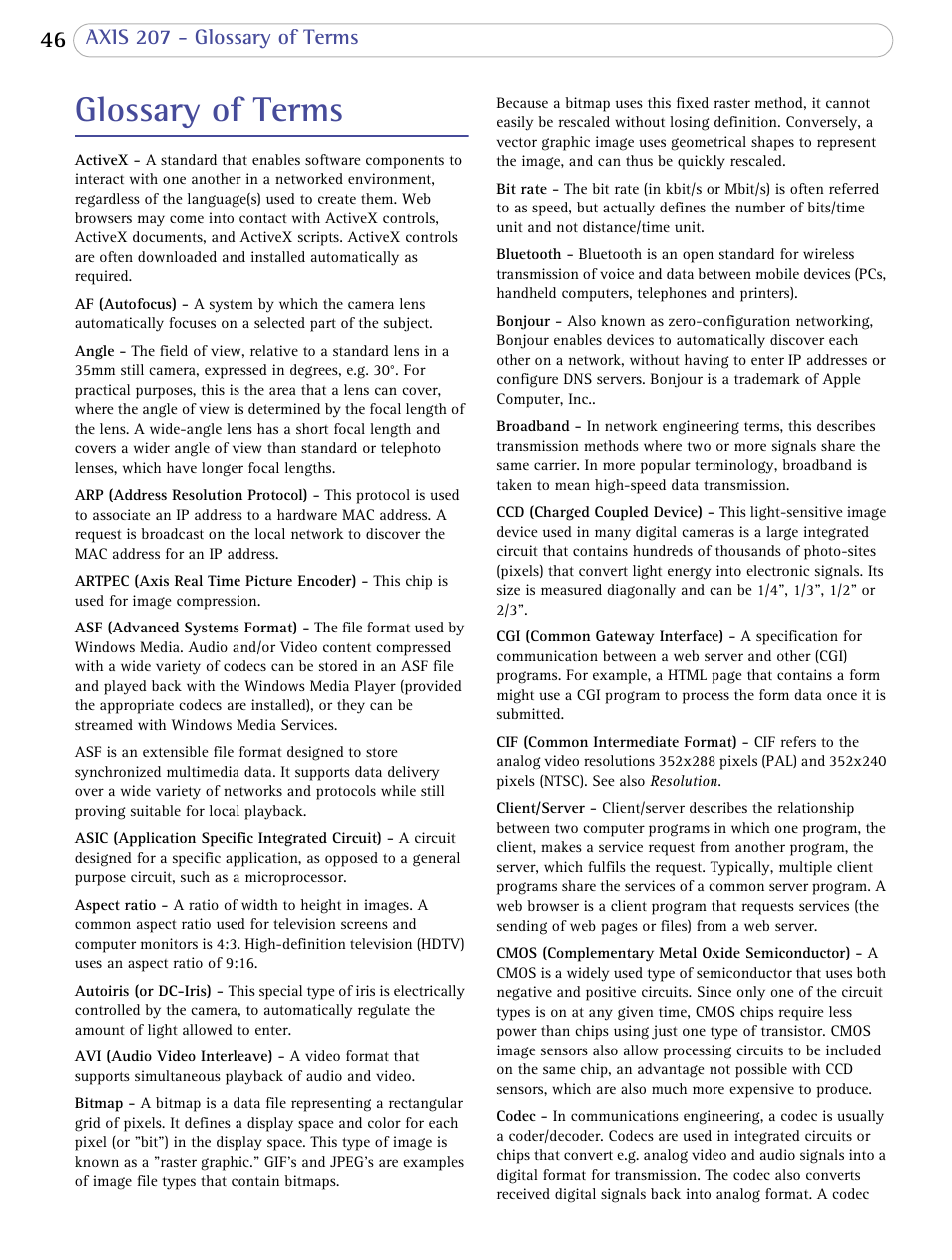 Glossary of terms | Axis Communications 207 User Manual | Page 46 / 54