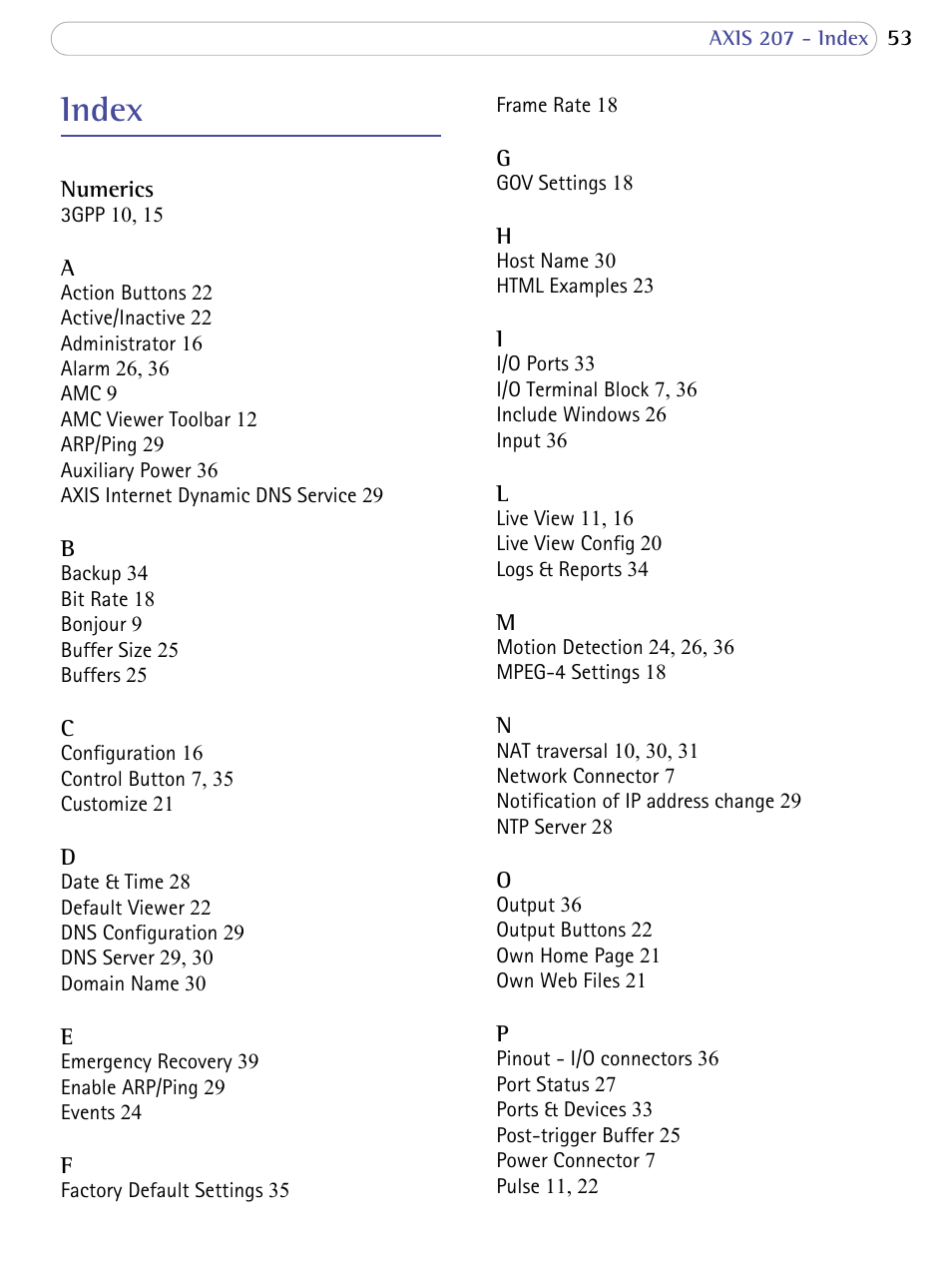 Index | Axis Communications 207 User Manual | Page 53 / 54