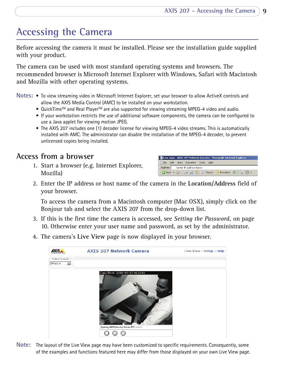 Accessing the camera, Access from a browser | Axis Communications 207 User Manual | Page 9 / 54
