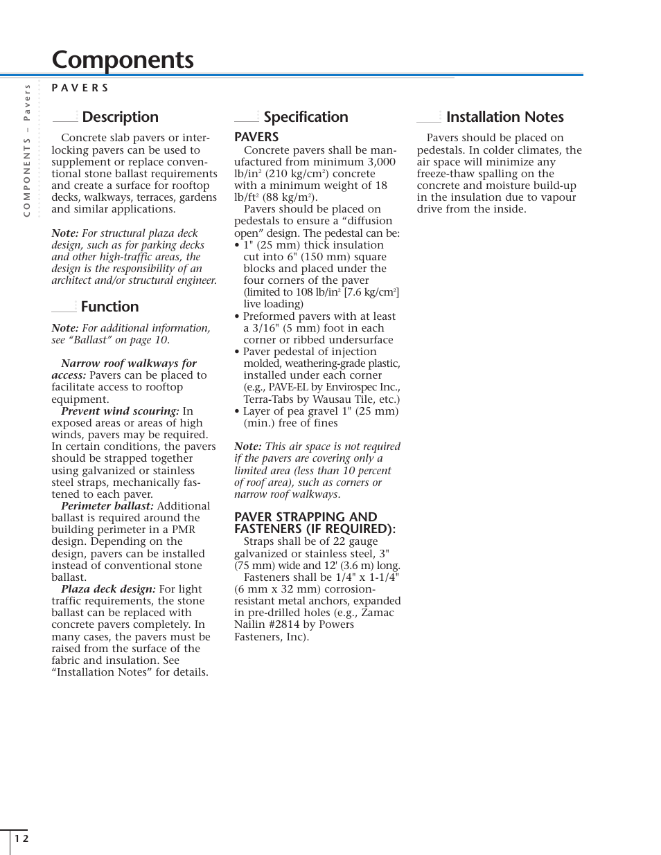 Components, Description, Function | Specification, Pavers, Paver strapping and fasteners (if required) | Dow Protected Membrane Roof EN User Manual | Page 12 / 24