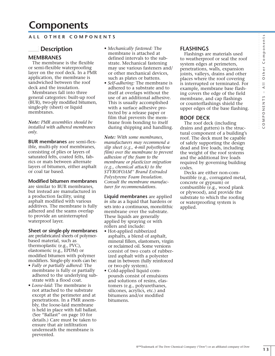 Components, Description, Membranes | Flashings, Roof deck | Dow Protected Membrane Roof EN User Manual | Page 13 / 24