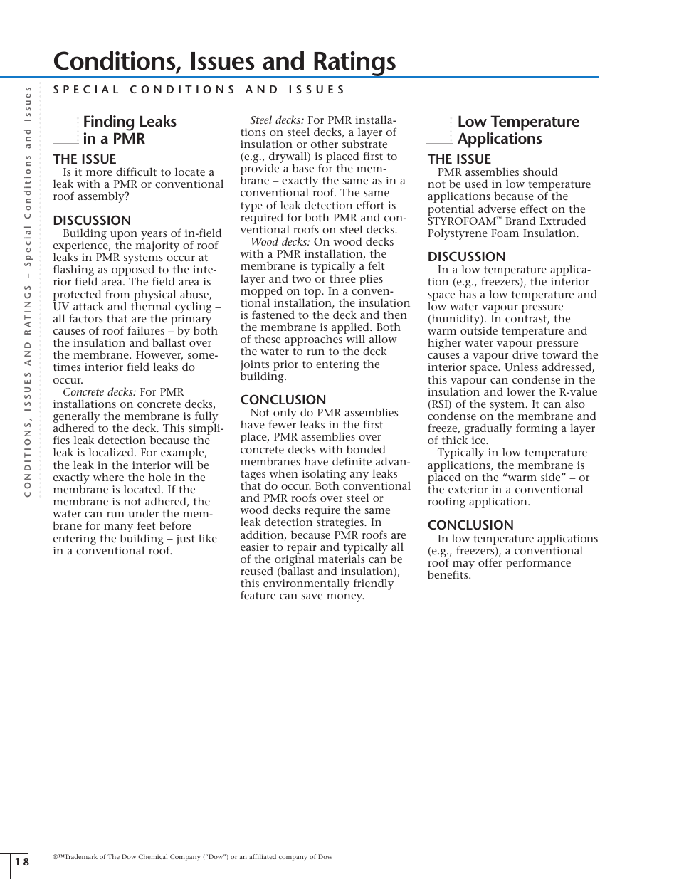 Conditions, issues and ratings, Finding leaks in a pmr, Low temperature applications | The issue, Discussion, Conclusion | Dow Protected Membrane Roof EN User Manual | Page 18 / 24