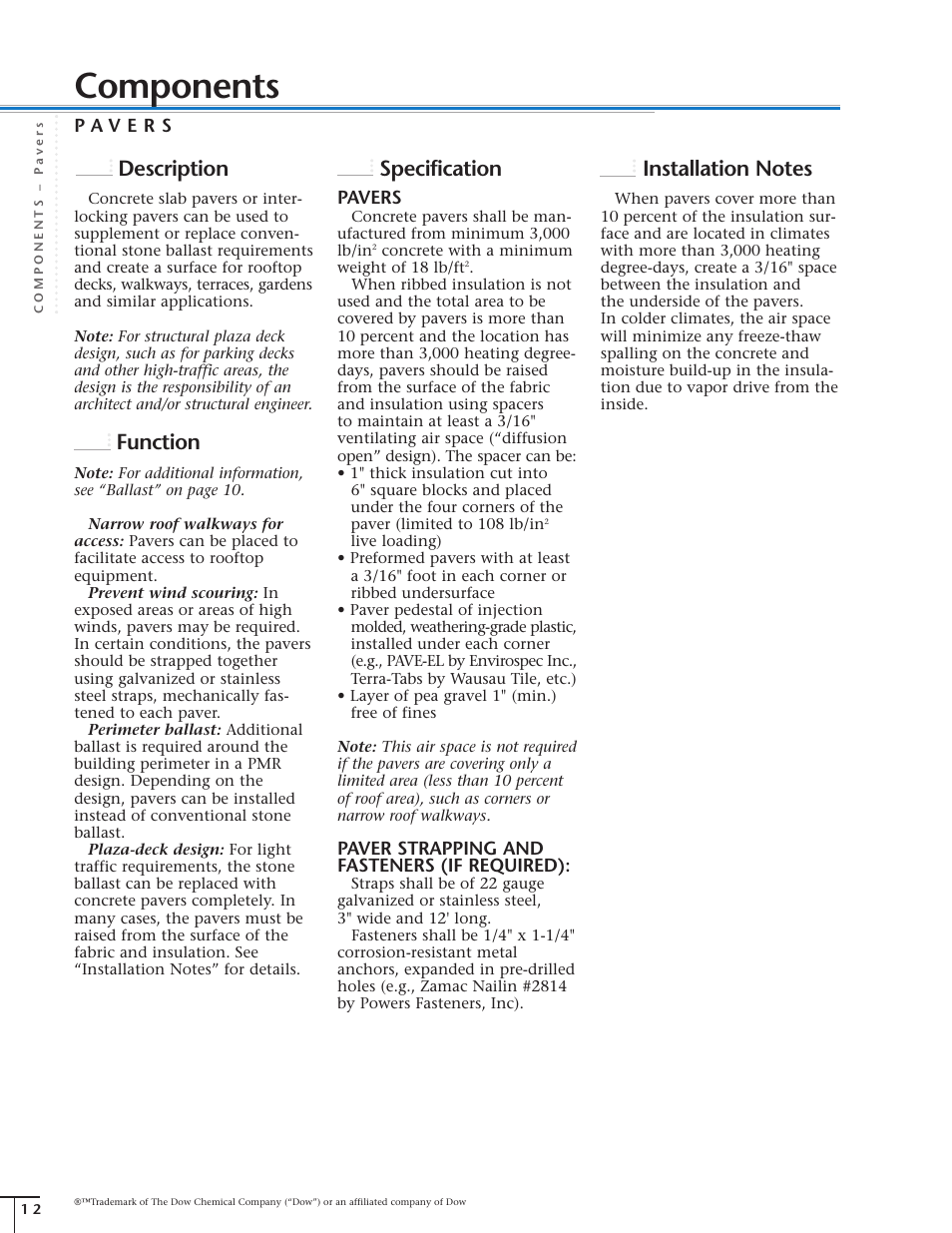 Components, Description, Function | Specification | Dow Protected Membrane Roof EN User Manual | Page 13 / 26