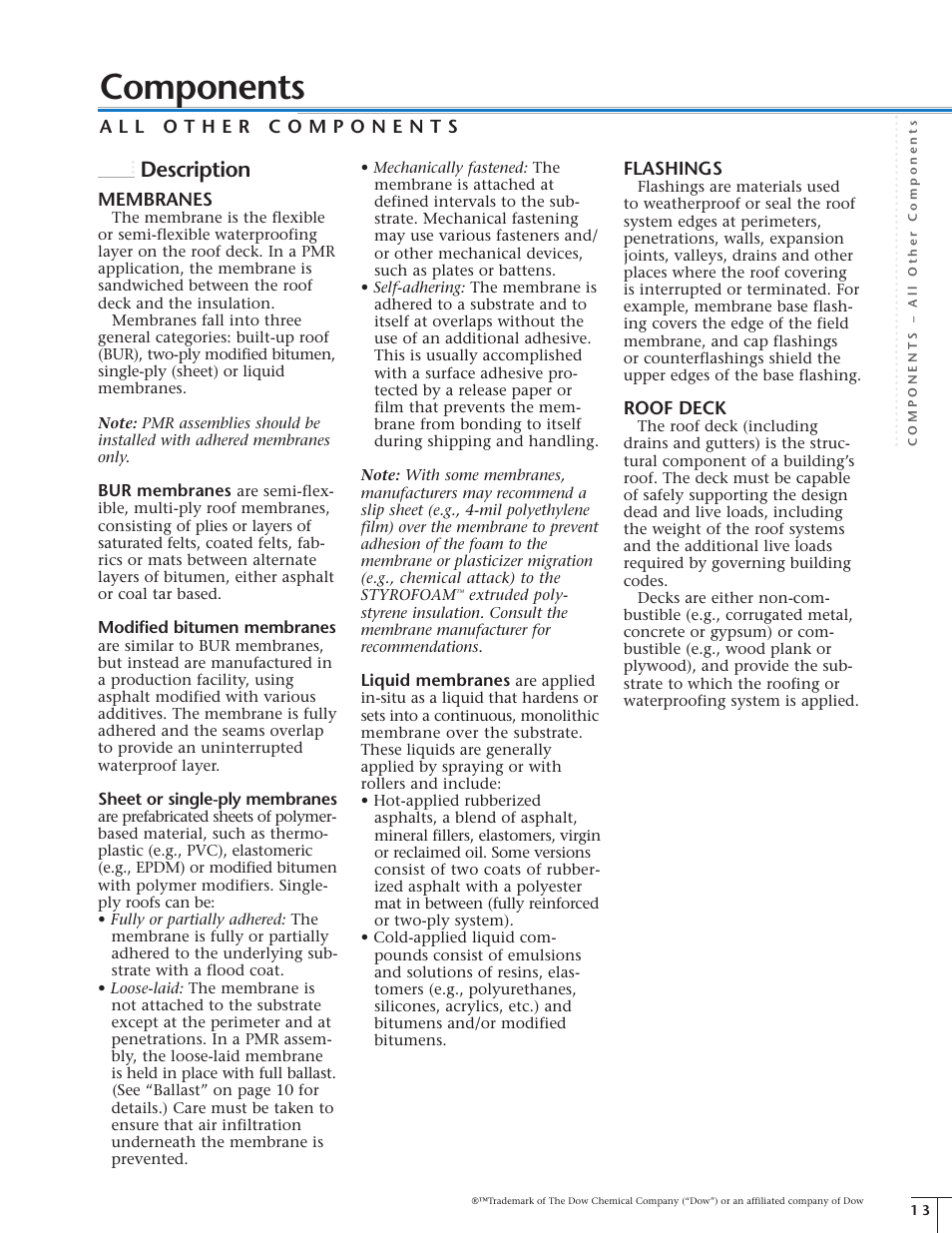 Components, Description, Membranes | Flashings, Roof deck | Dow Protected Membrane Roof EN User Manual | Page 14 / 26