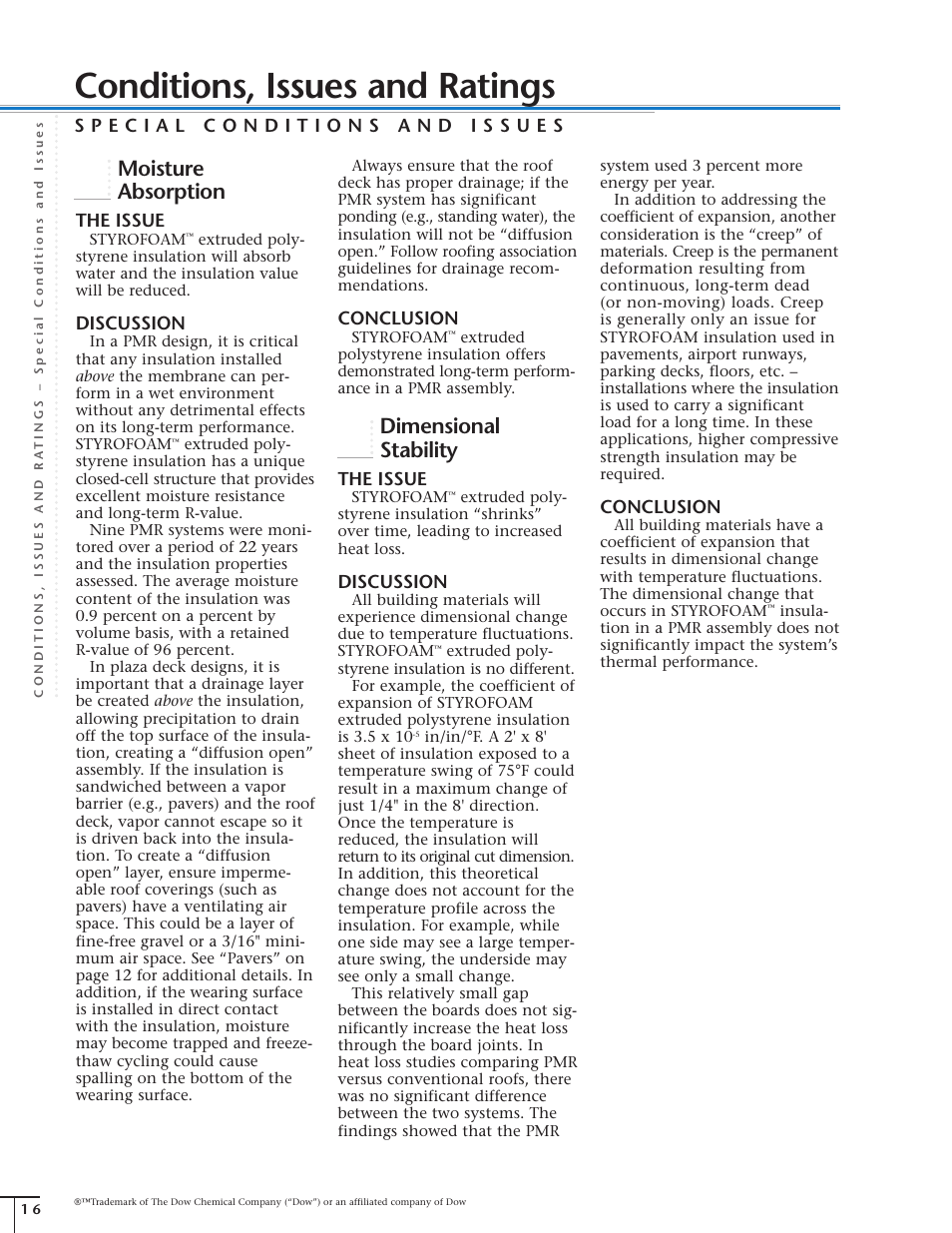 Conditions, issues and ratings, Moisture absorption, Dimensional stability | The issue, Discussion, Conclusion | Dow Protected Membrane Roof EN User Manual | Page 17 / 26