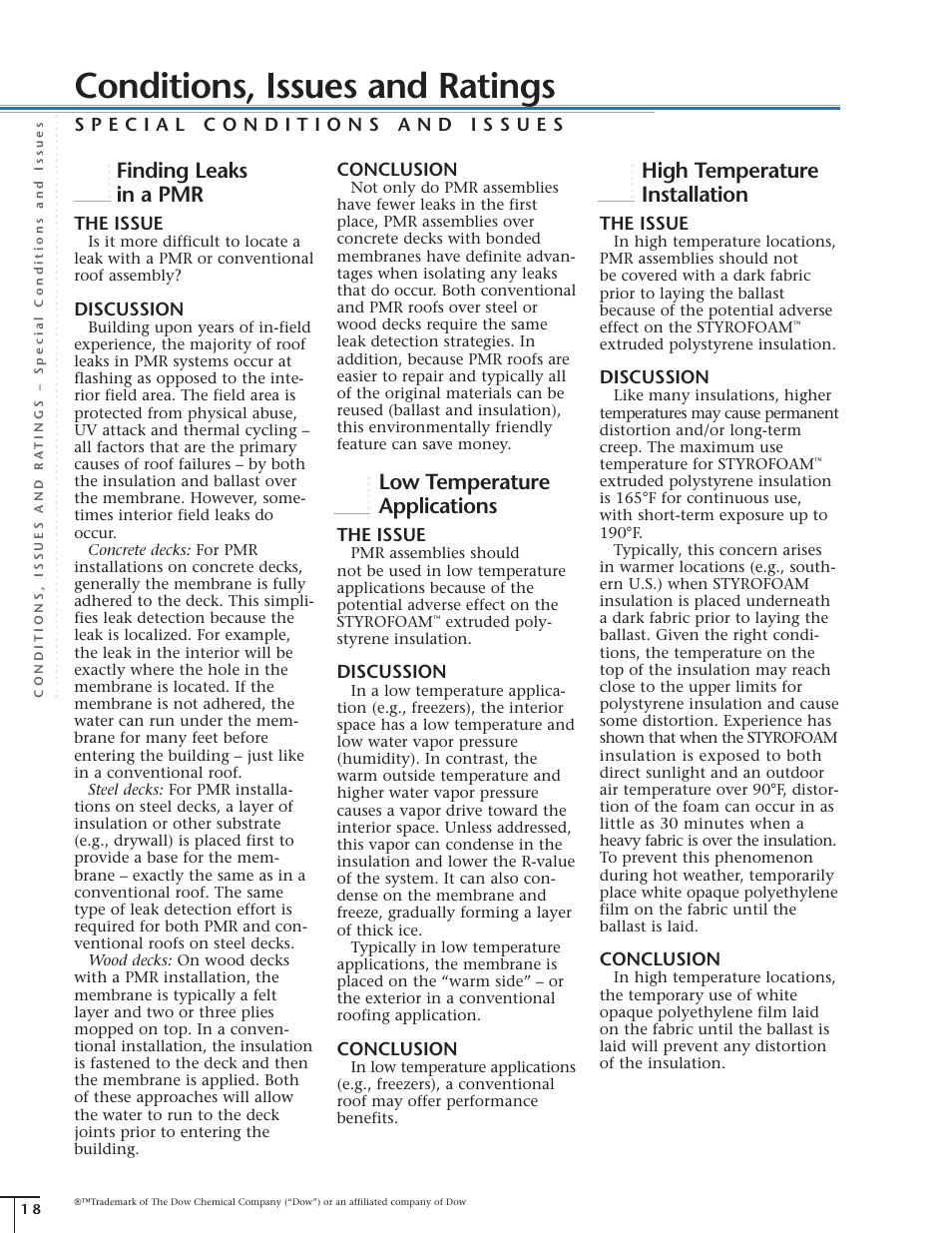 Conditions, issues and ratings, Finding leaks in a pmr, Low temperature applications | High temperature installation, The issue, Discussion, Conclusion | Dow Protected Membrane Roof EN User Manual | Page 19 / 26