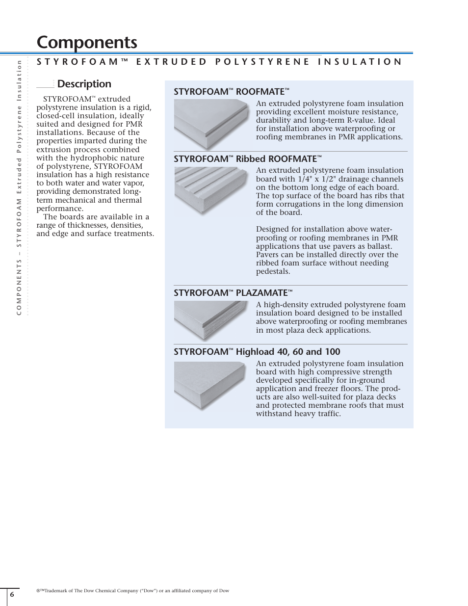 Components, Description, Roofmate | Styrofoam, Ribbed roofmate, Plazamate | Dow Protected Membrane Roof EN User Manual | Page 7 / 26