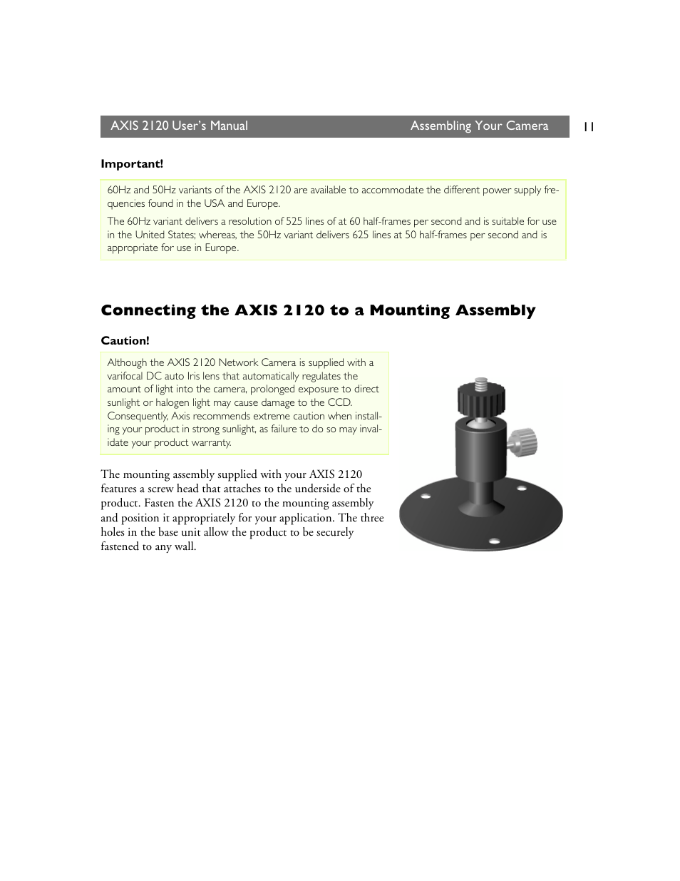 Connecting the axis 2120 to a mounting assembly | Axis Communications 2120 User Manual | Page 11 / 68