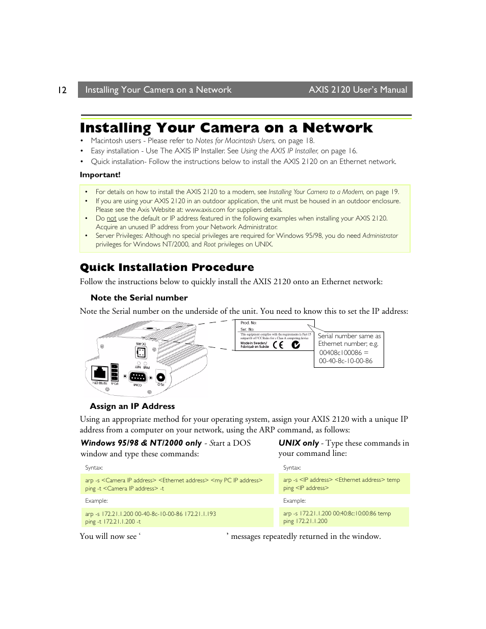 Installing your camera on a network, Quick installation procedure | Axis Communications 2120 User Manual | Page 12 / 68