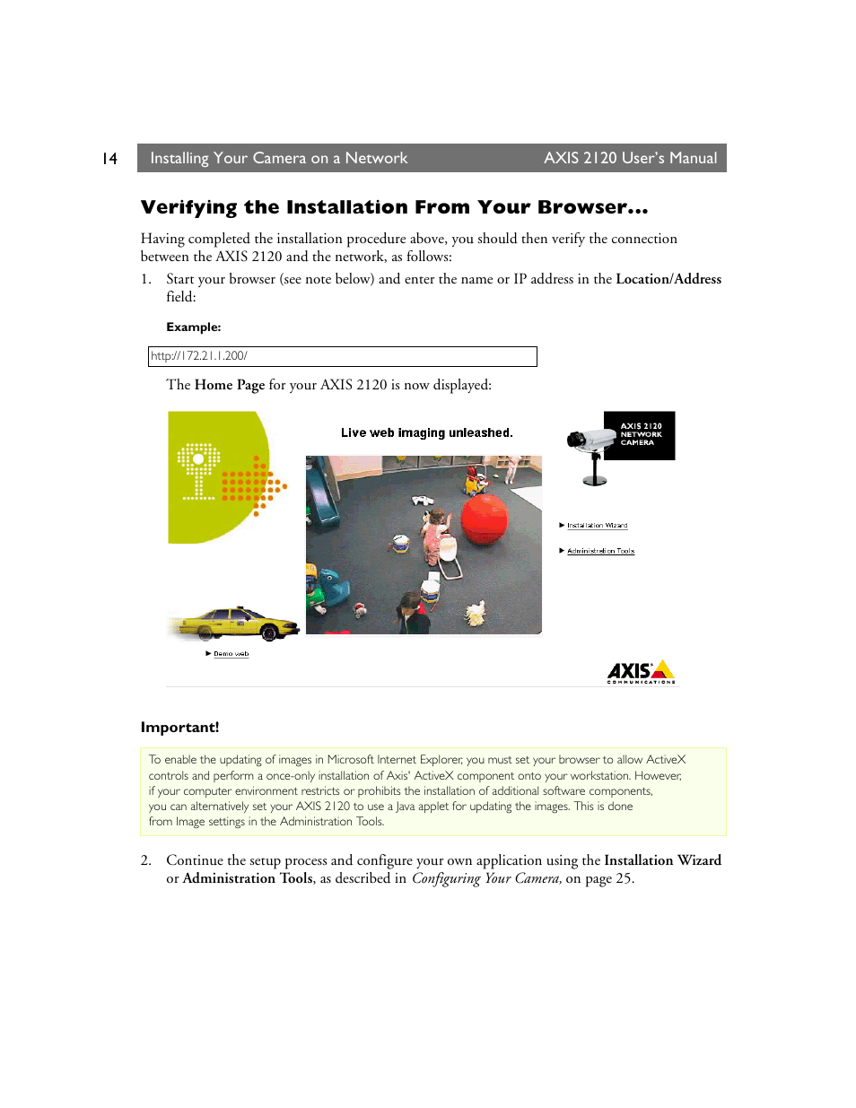 Verifying the installation from your browser | Axis Communications 2120 User Manual | Page 14 / 68
