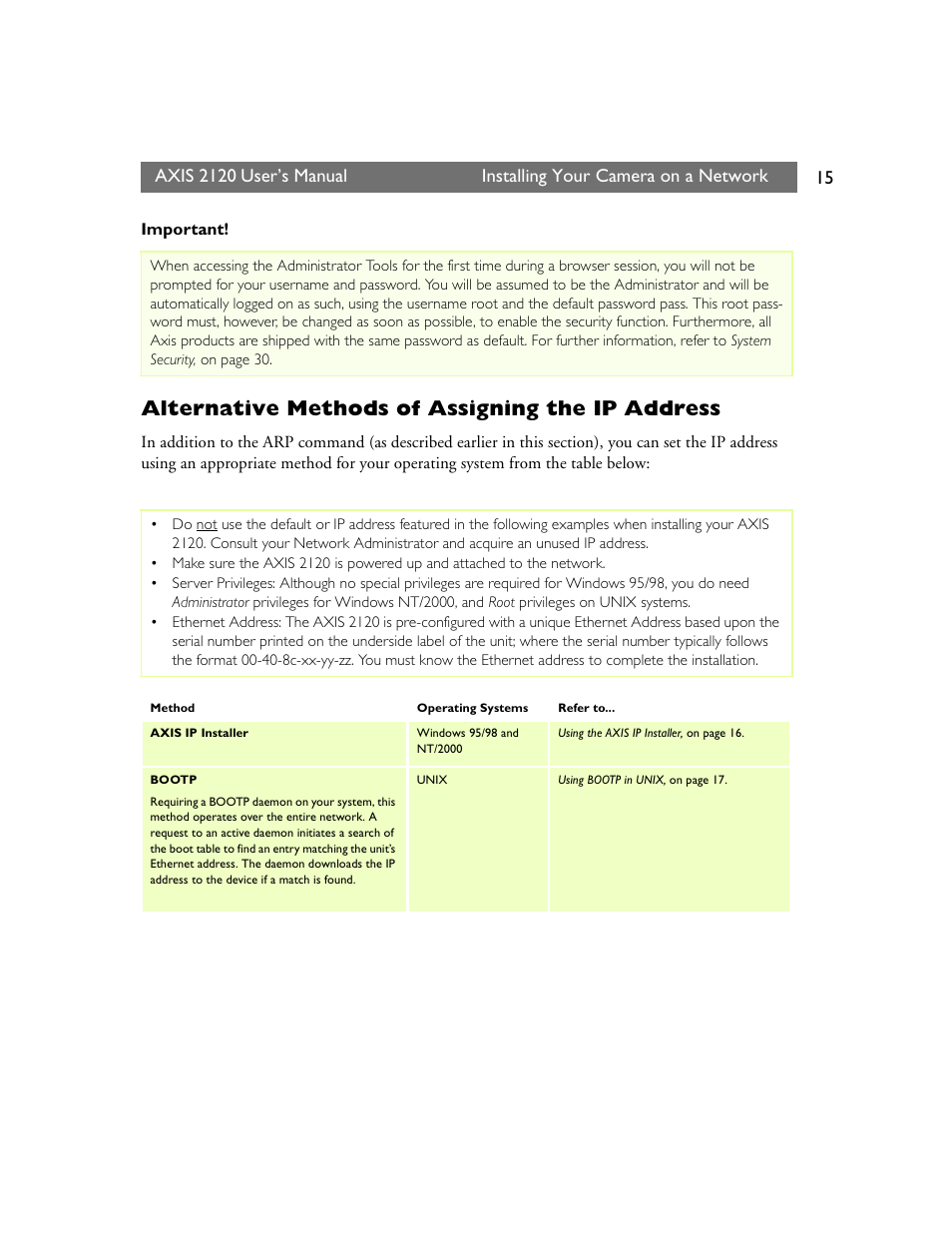Alternative methods of assigning the ip address | Axis Communications 2120 User Manual | Page 15 / 68