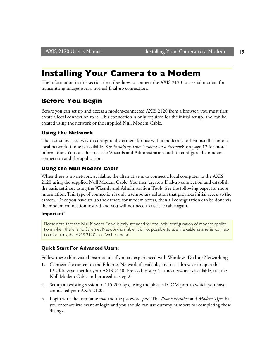 Installing your camera to a modem, Before you begin | Axis Communications 2120 User Manual | Page 19 / 68
